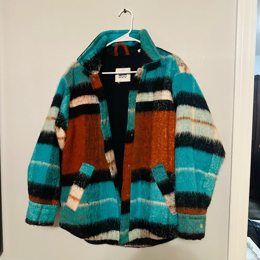 BDG Women's Brushed Fuzzy Wool Blend Oversized Teal Plaid Jacket Size Small - Picture 5 of 14